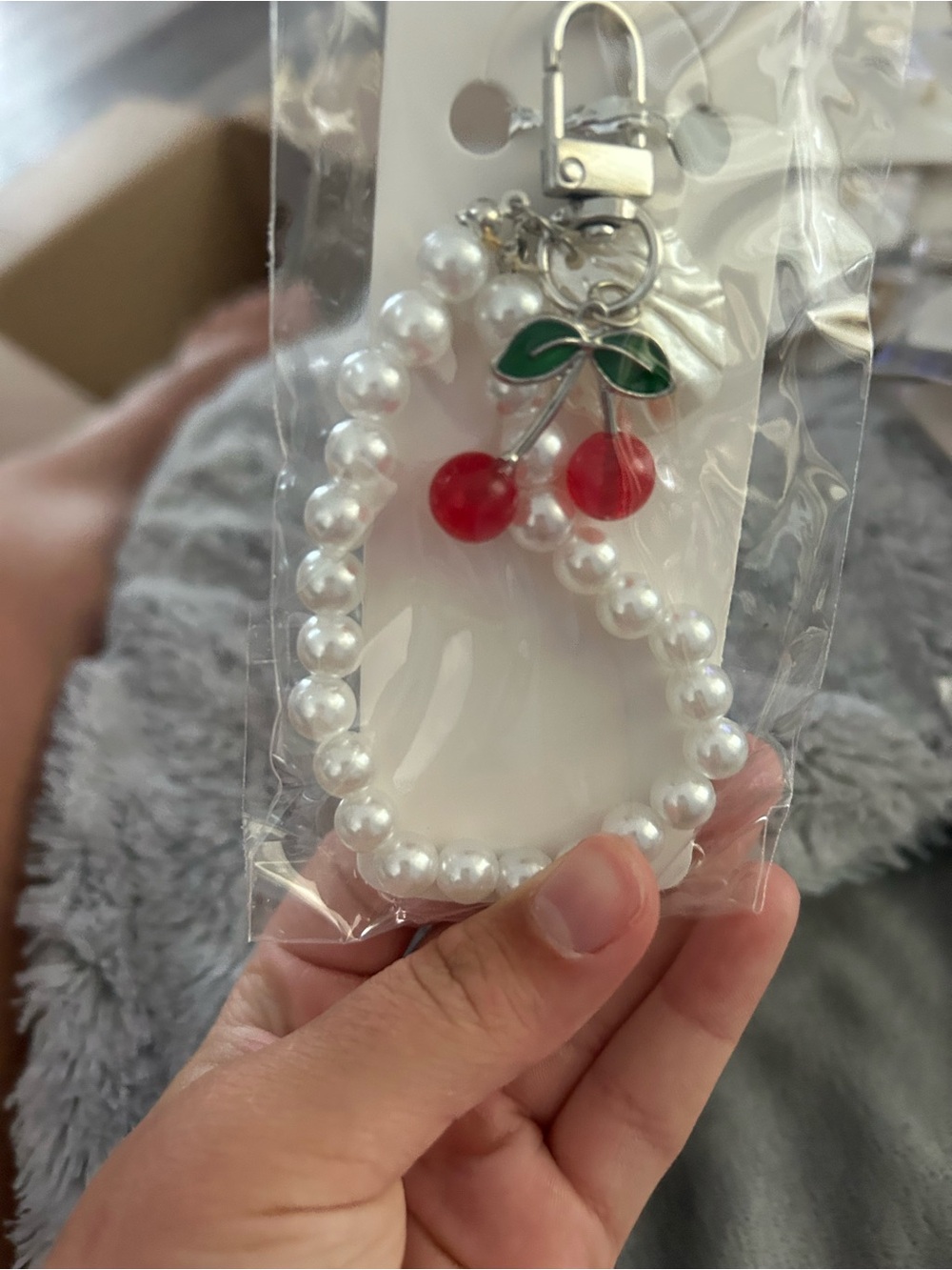 4/$50 Pearl Beaded Keychain with Cherry Charm - White & Red